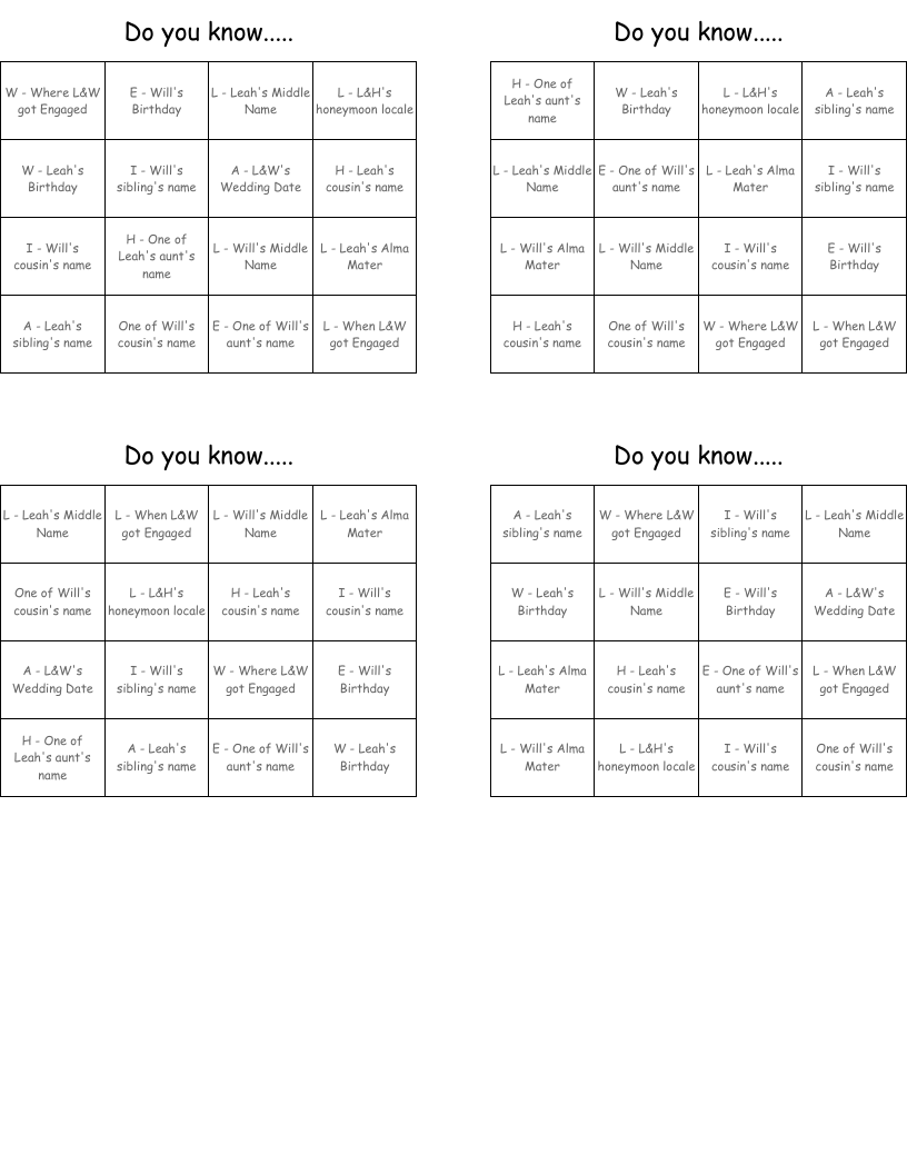 Do you know..... Bingo Cards
