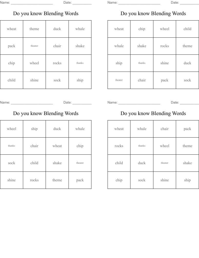 Do you know Blending Words  Bingo Cards