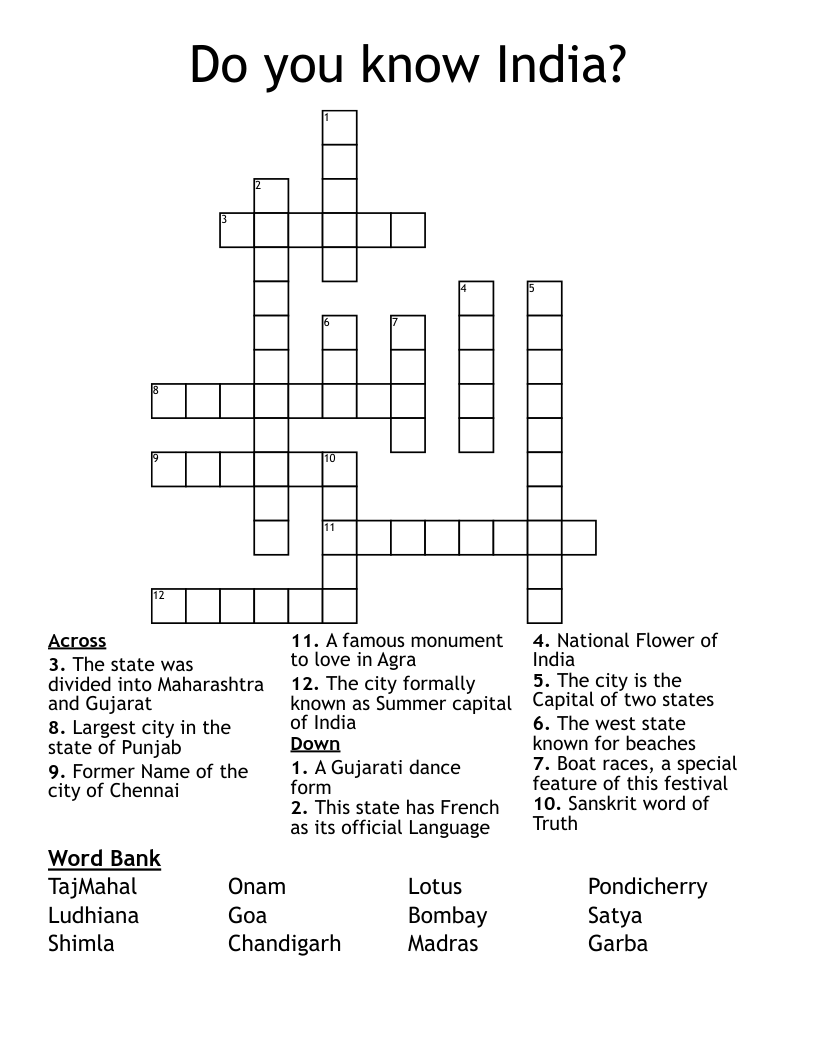 Do you know India? Crossword