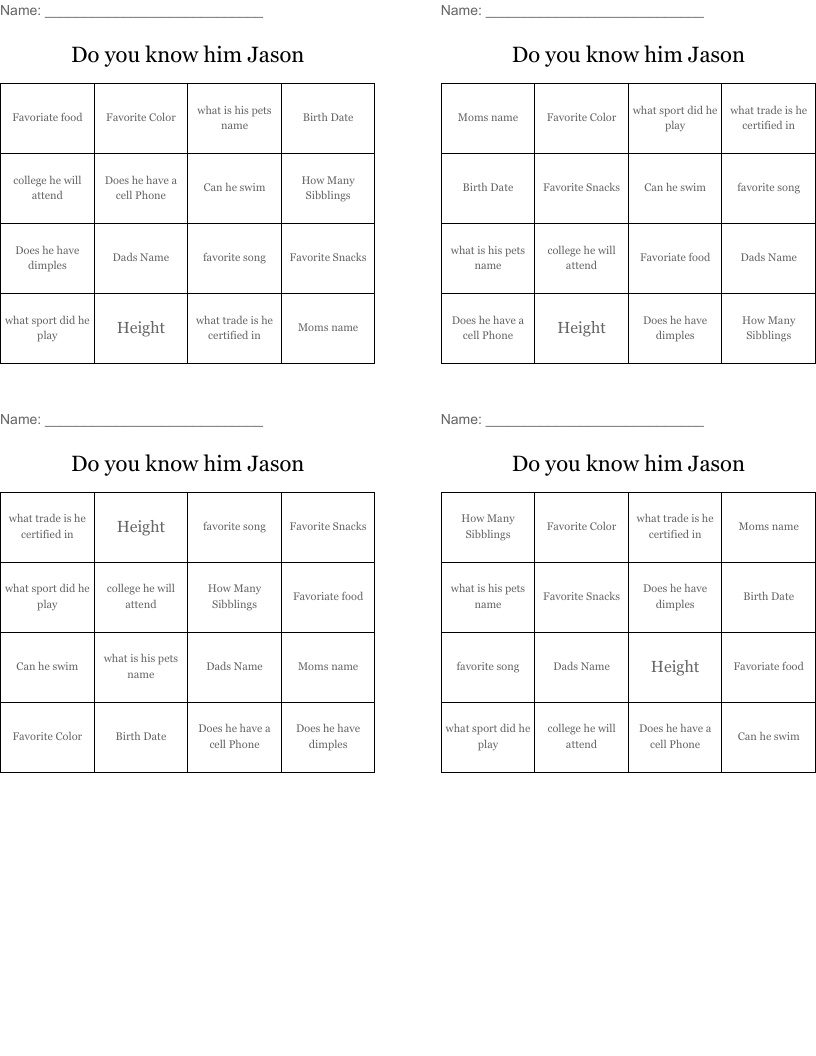 Do you know him Jason Bingo Cards