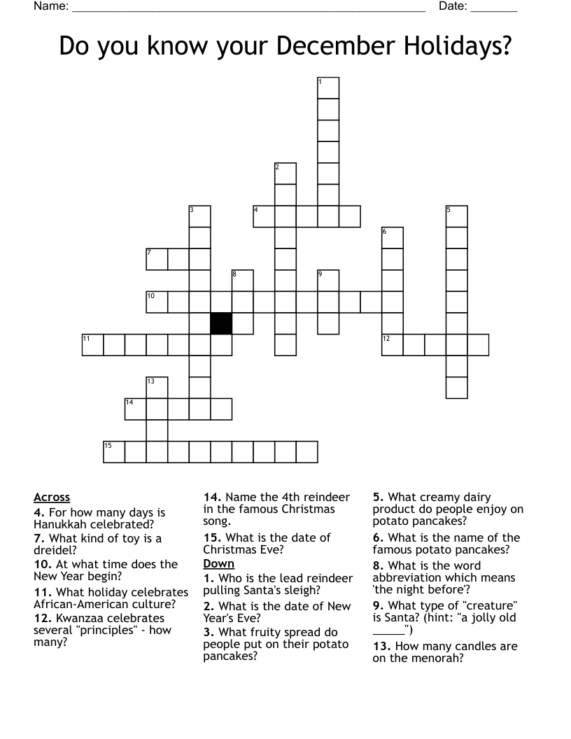 Do you know your December Holidays? Crossword