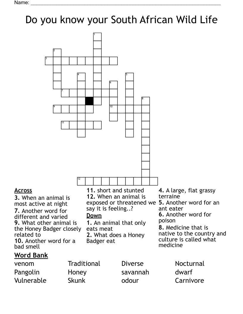 Do you know your South African Wild Life Crossword