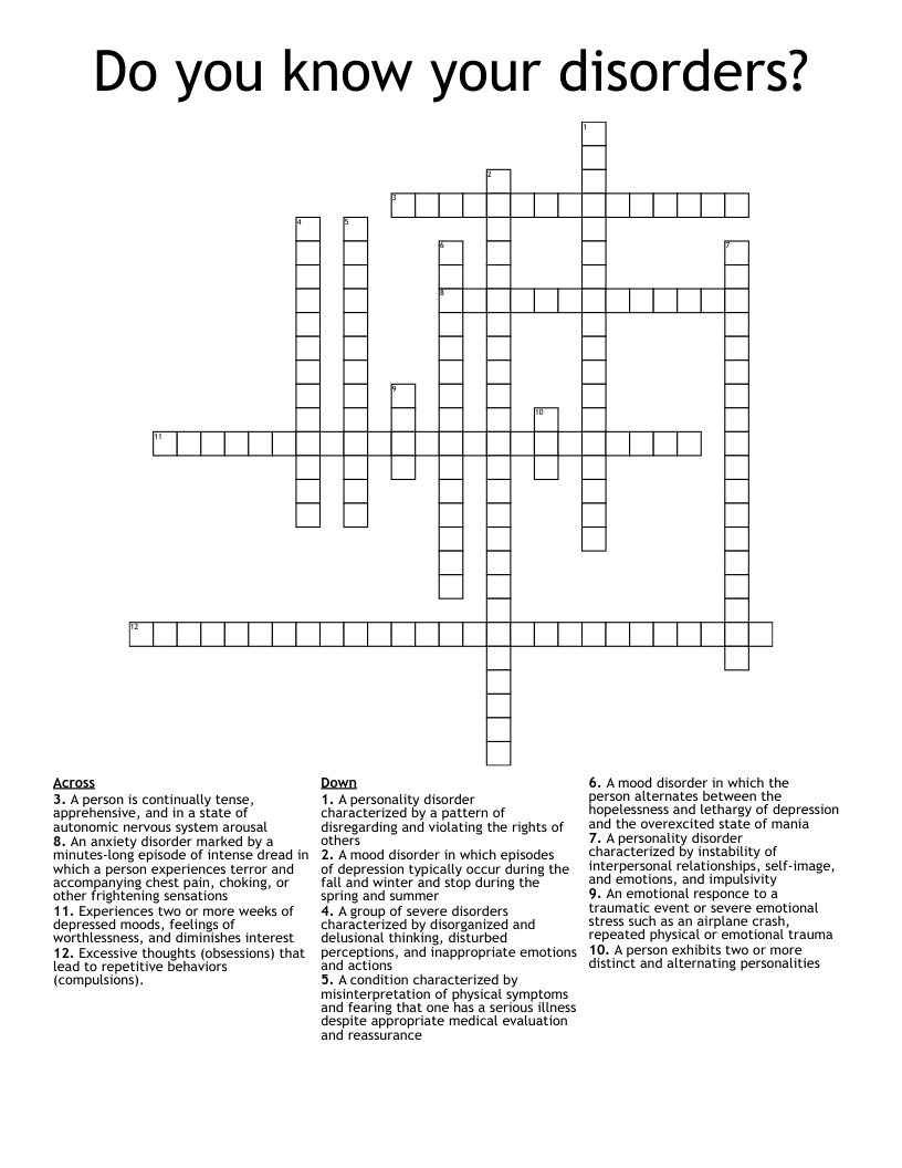 Do you know your disorders? Crossword