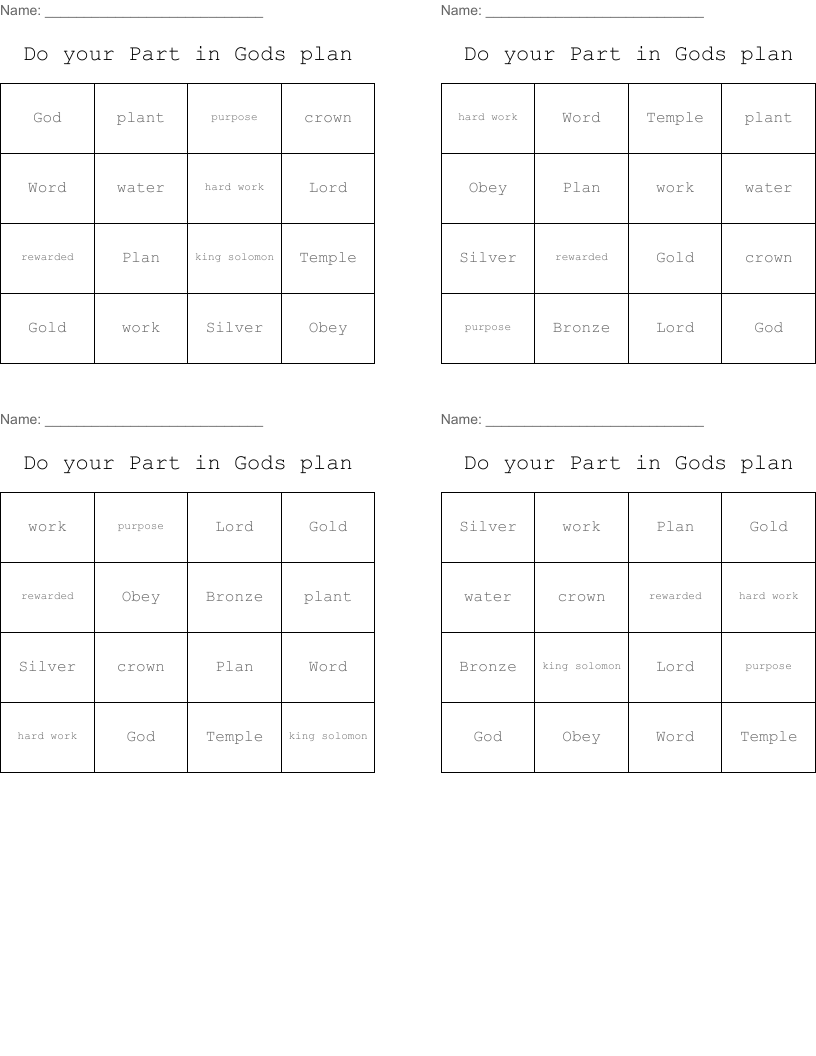 Do your Part in Gods plan Bingo Cards