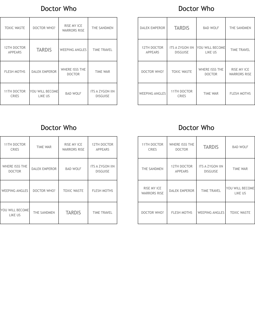 Doctor Who  Bingo Cards