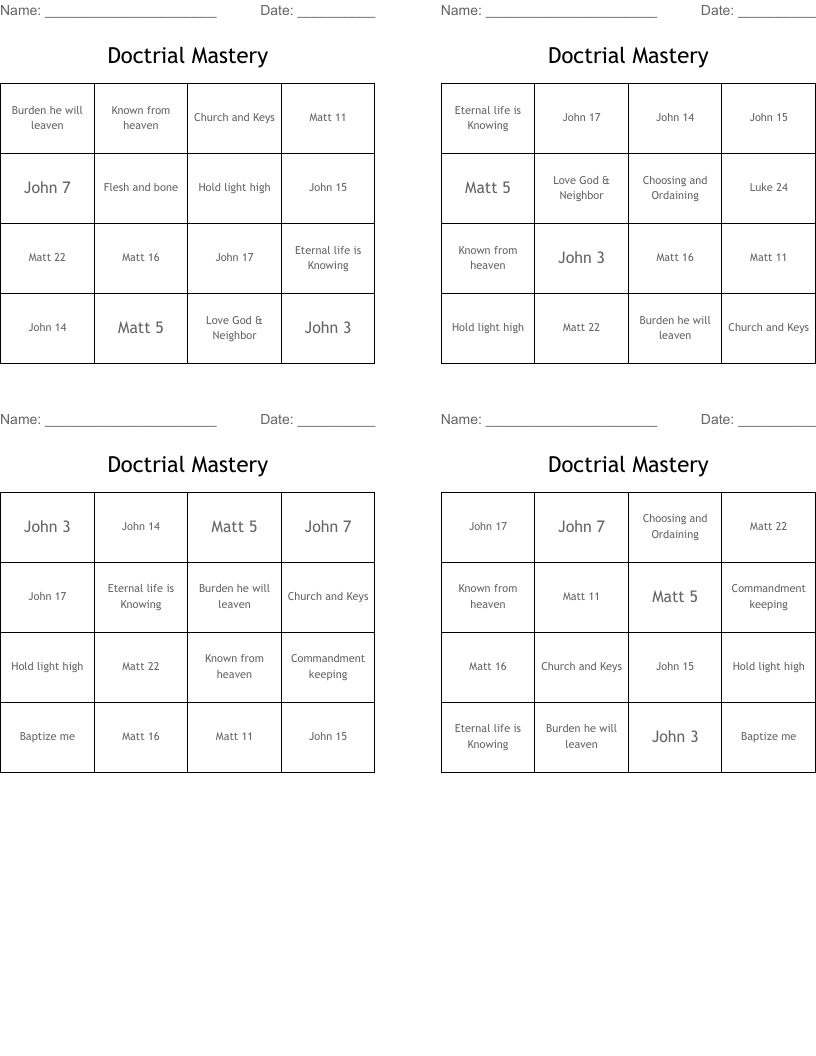 Doctrial Mastery Bingo Cards