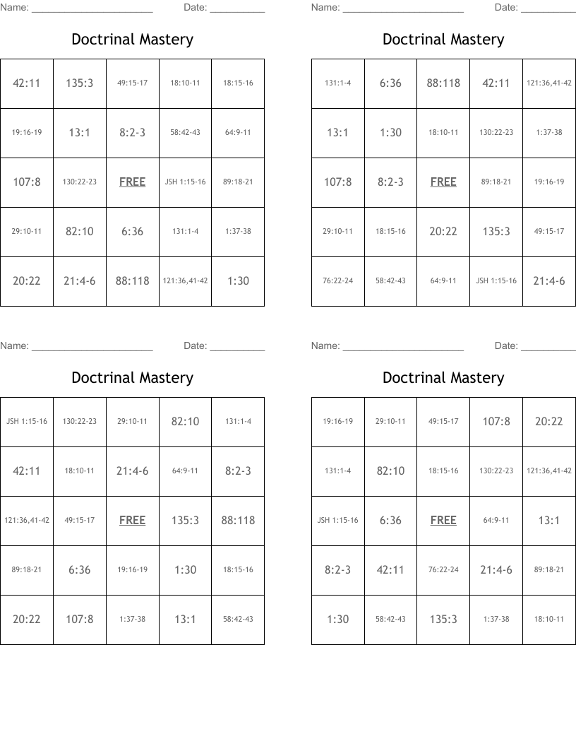 Doctrinal Mastery Bingo Cards