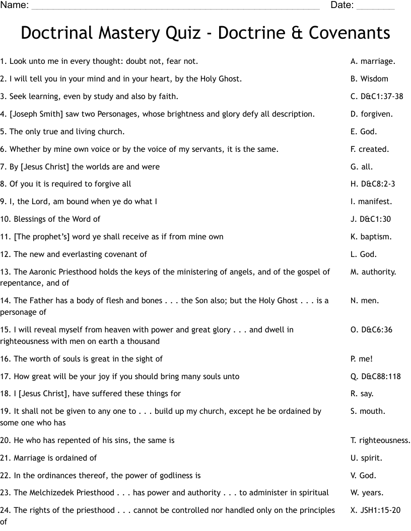 Doctrinal Mastery Quiz - Doctrine & Covenants Worksheet