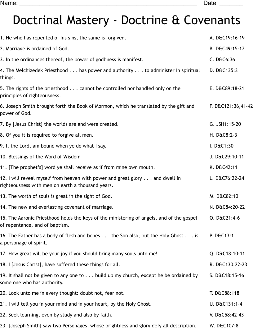 Doctrinal Mastery - Doctrine & Covenants Worksheet