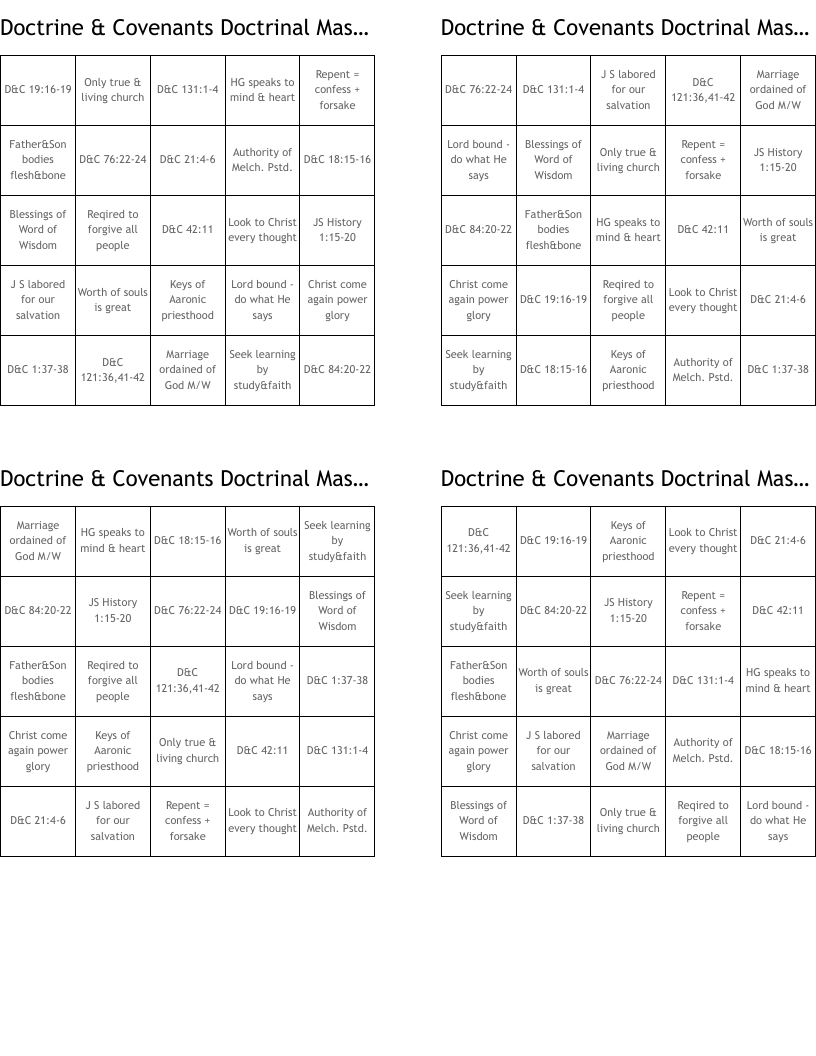 Doctrine & Covenants Doctrinal Mastery Bingo Cards