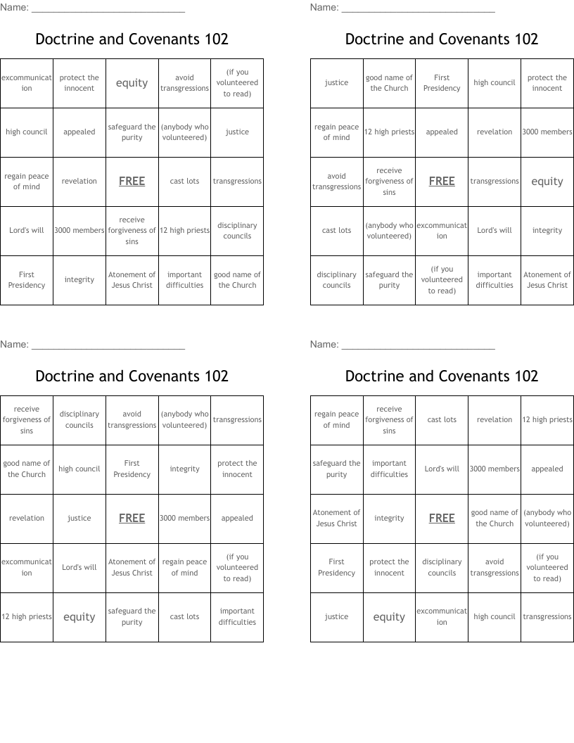Doctrine and Covenants 102 Bingo Cards