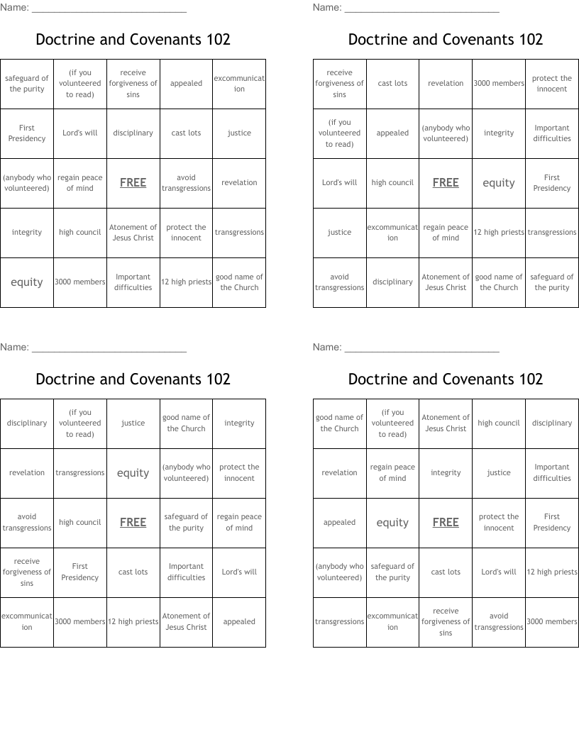 Doctrine and Covenants 102 Bingo Cards