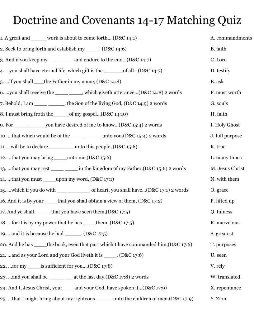 Doctrine and Covenants 14-17 Matching Quiz Worksheet