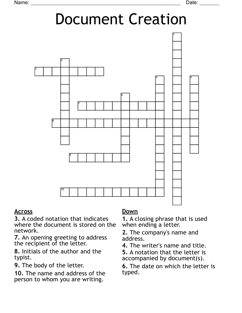 Document Creation Crossword