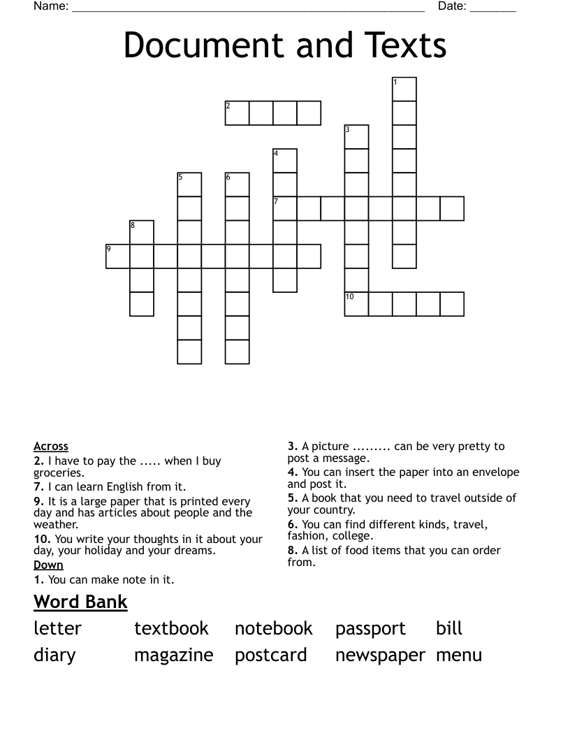 Document and Texts Crossword