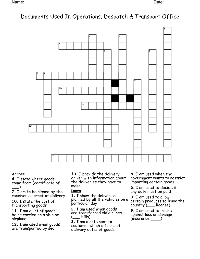 Documents Used In Operations, Despatch & Transport Office Crossword