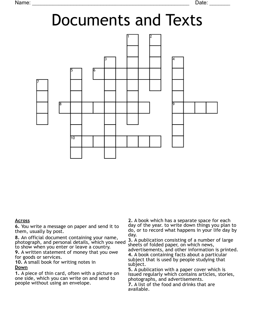 Documents and Texts Crossword