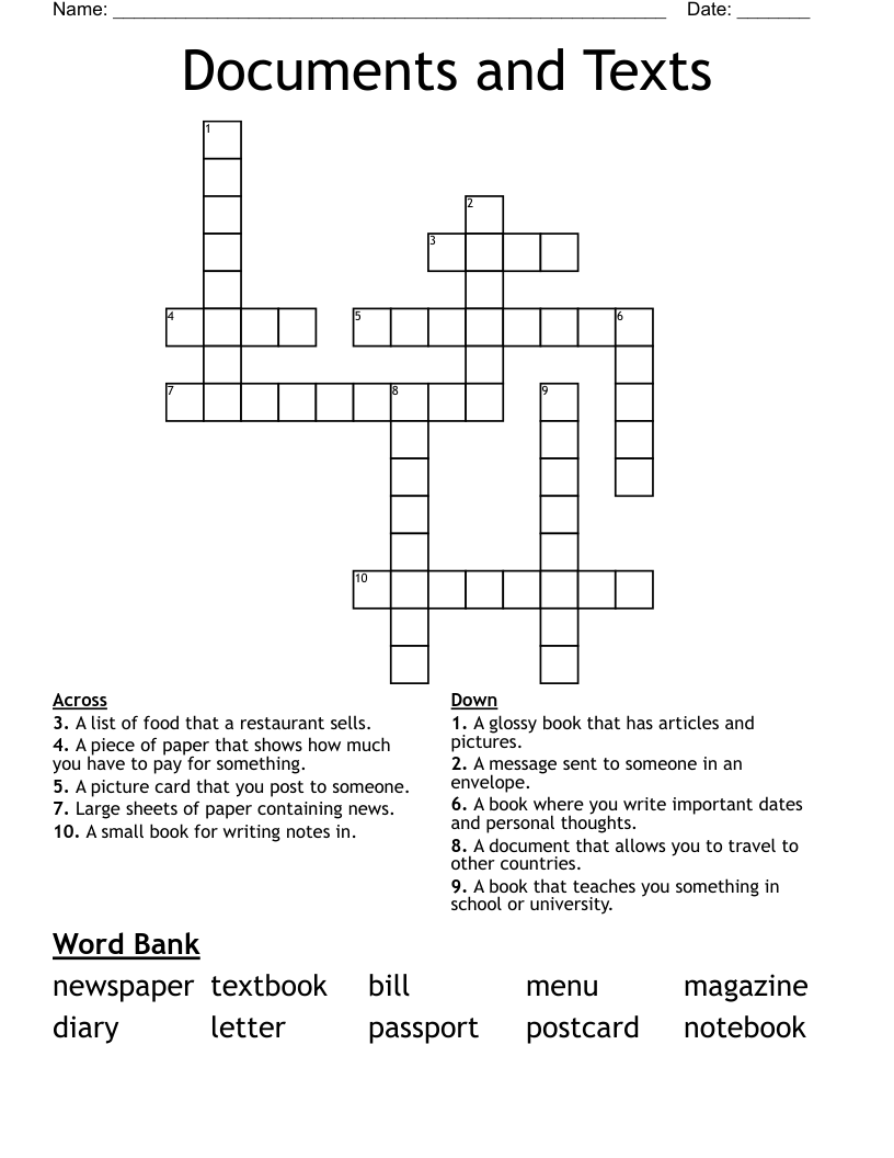 Documents and Texts Crossword