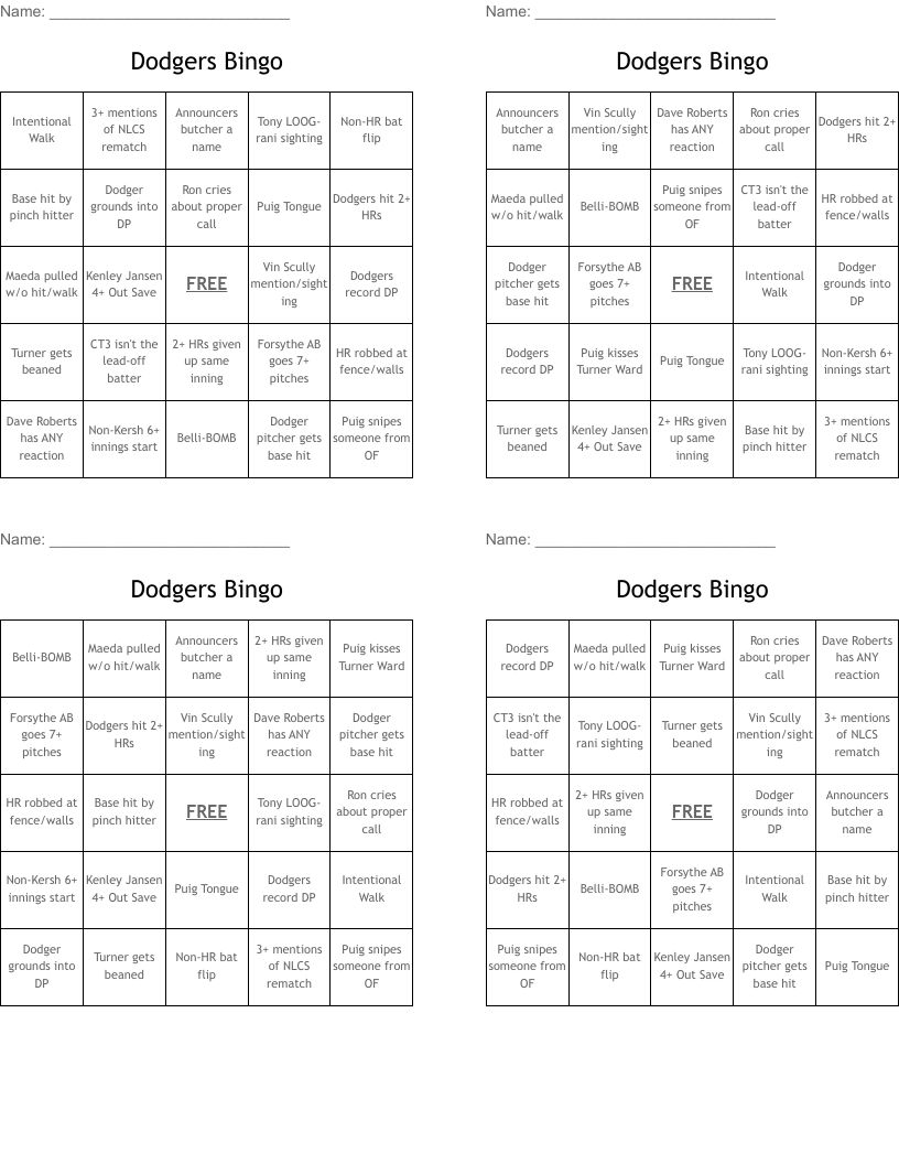 Dodgers Bingo