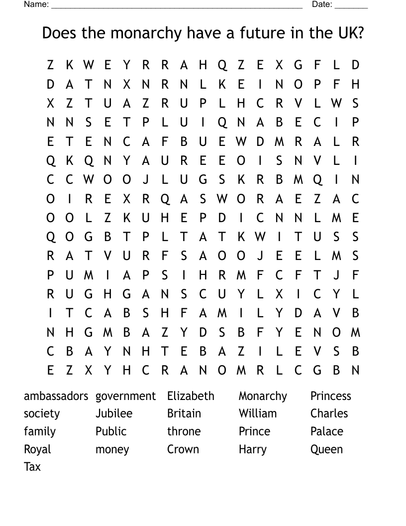 Does the monarchy have a future in the UK? Word Search