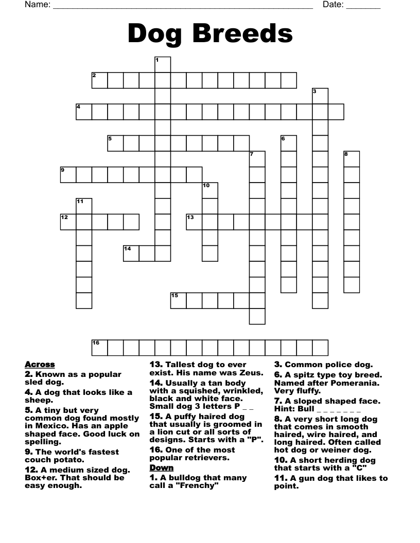 Dog Breeds Crossword