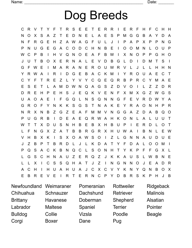 Dog Breeds Word Search