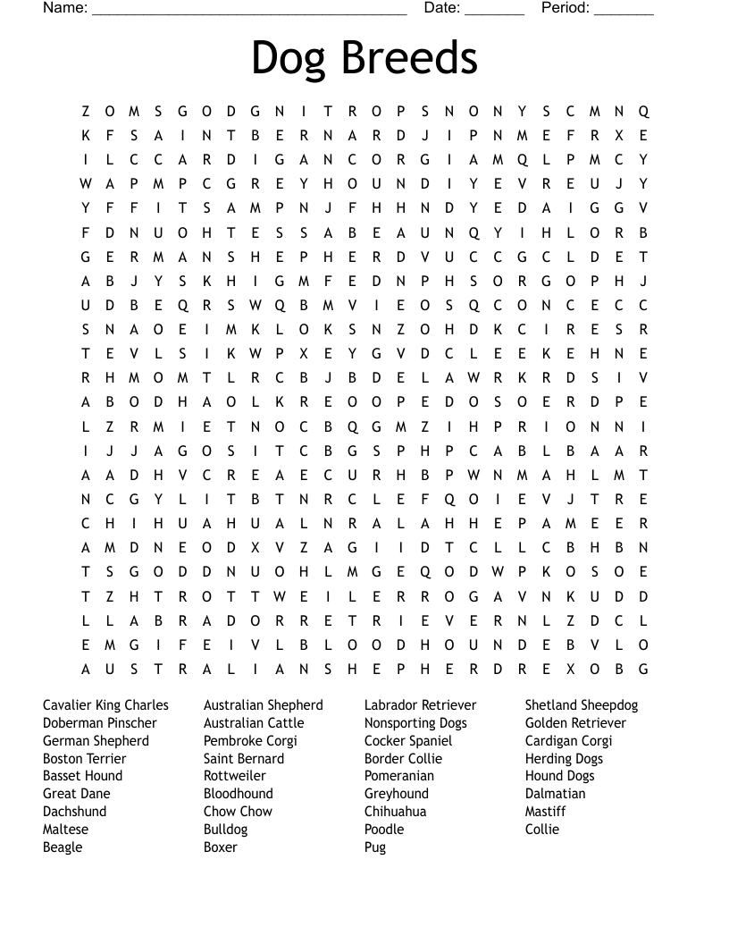 Dog Breeds Word Search