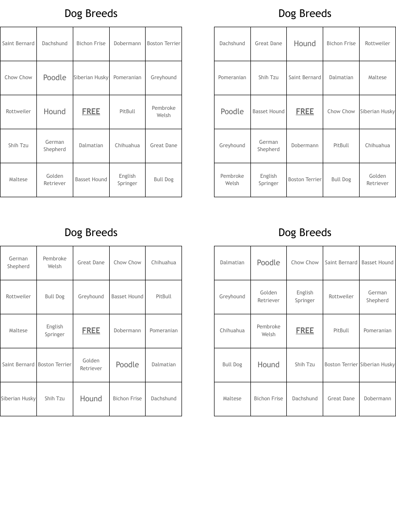 Dog Breeds Bingo Cards