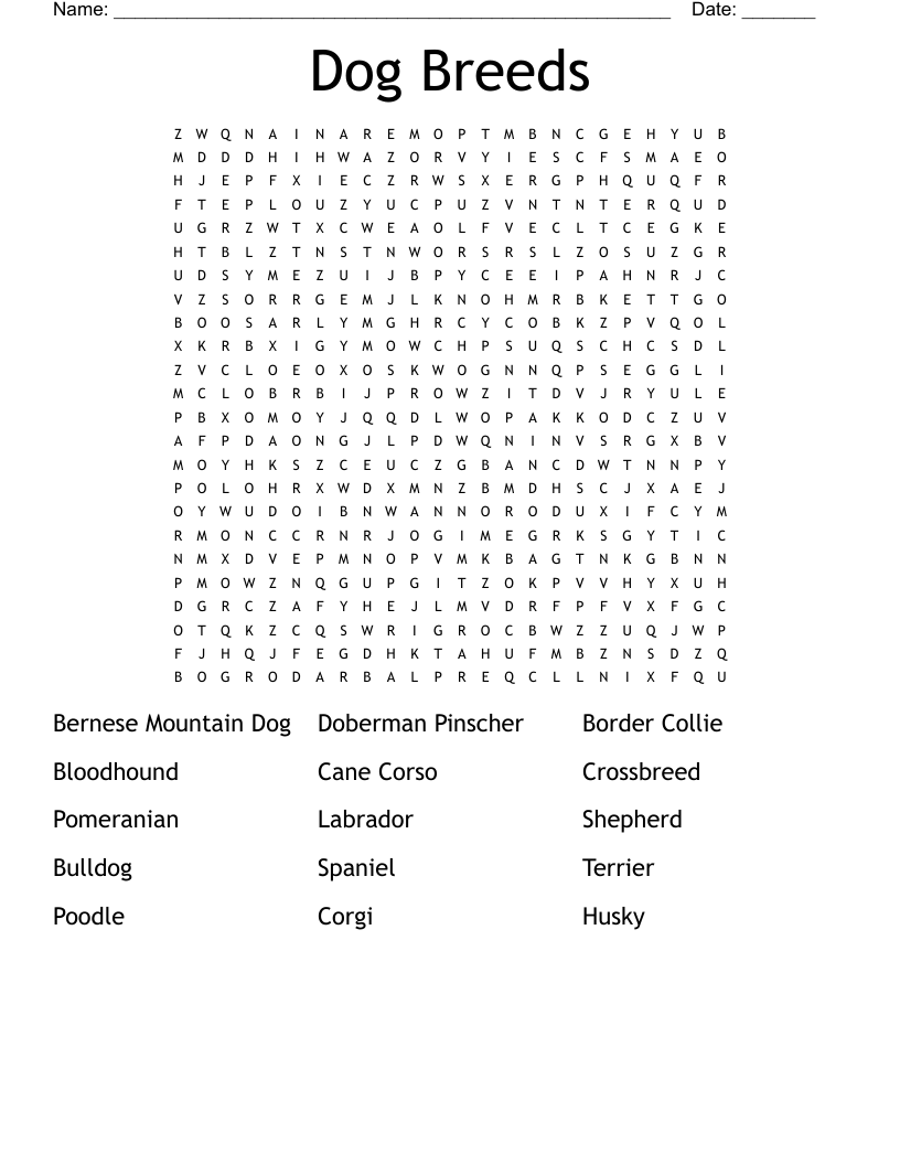Dog Breeds Word Search