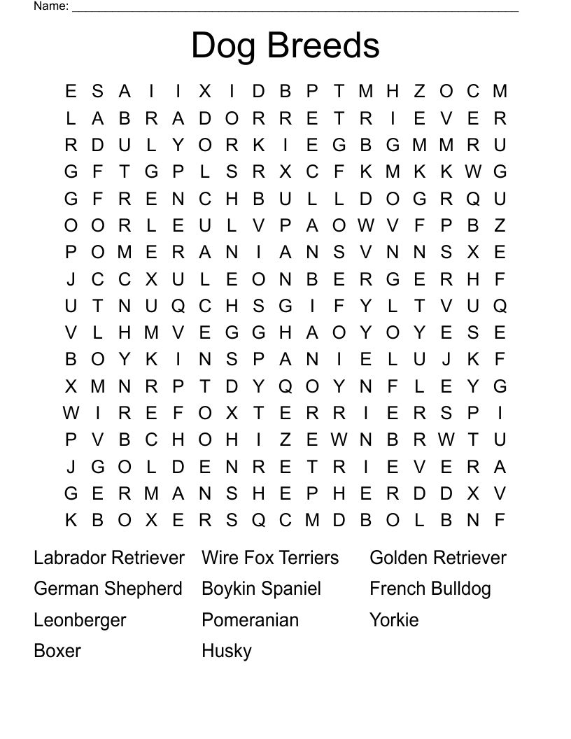 Dog Breeds Word Search