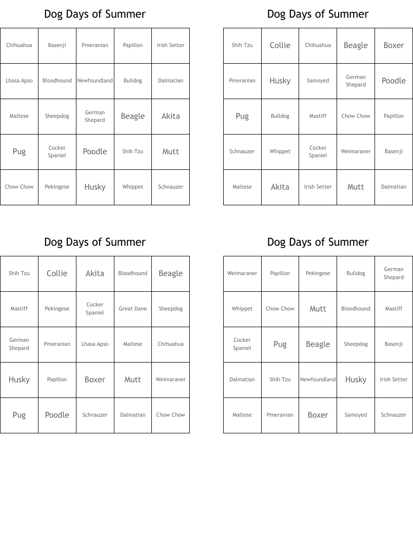 Dog Days of Summer Bingo Cards