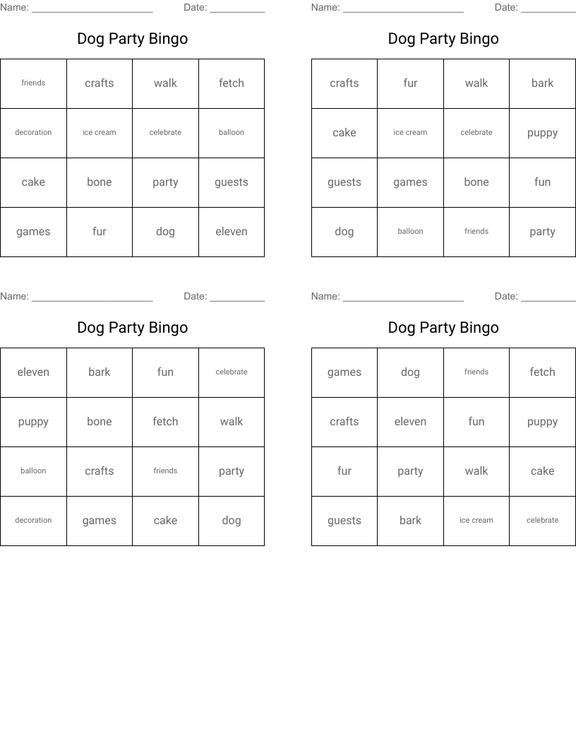 Dog Party Bingo