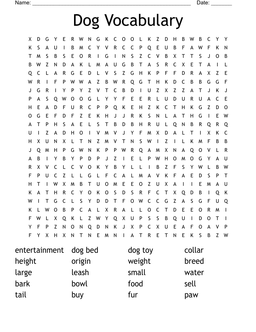 Dog Vocabulary Word Search