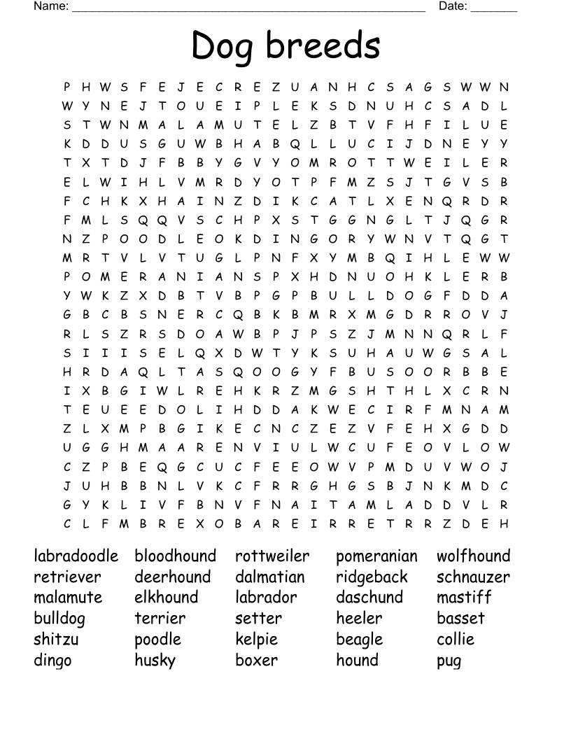 Dog breeds Word Search