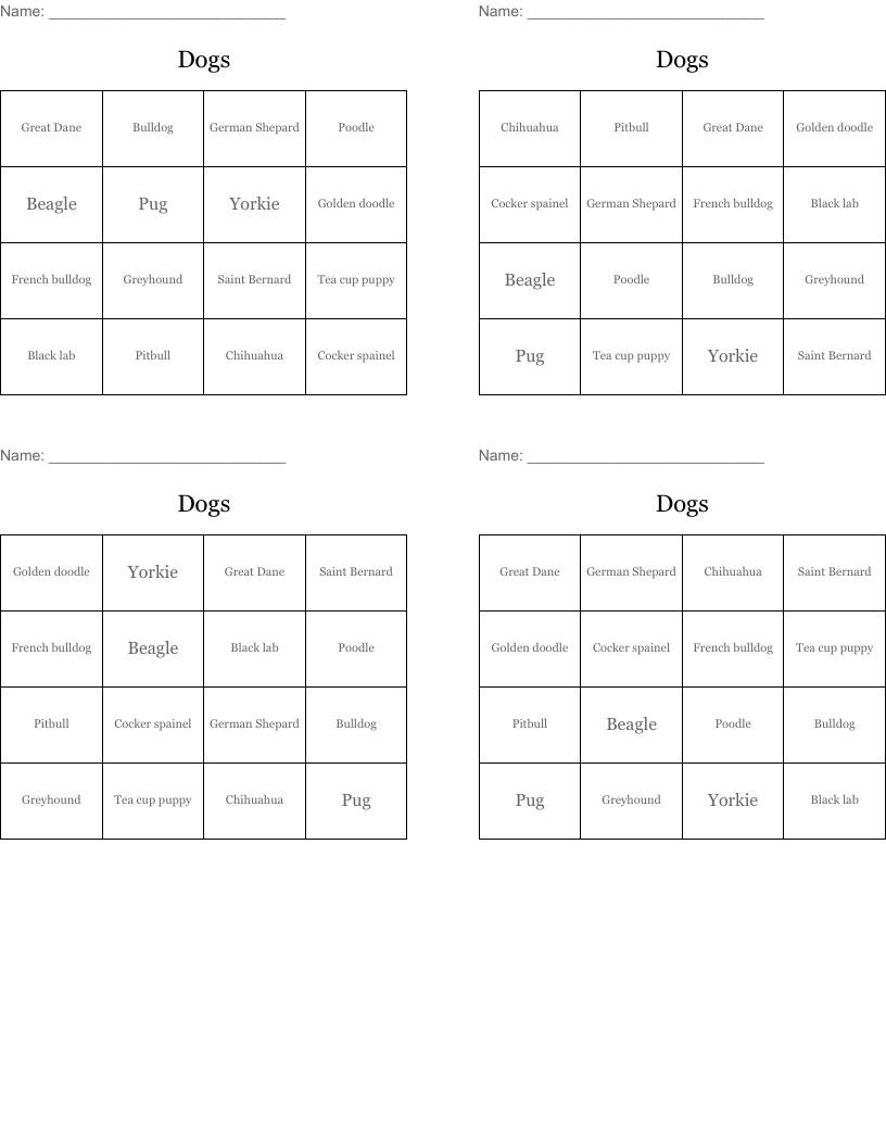 Dogs Bingo Cards