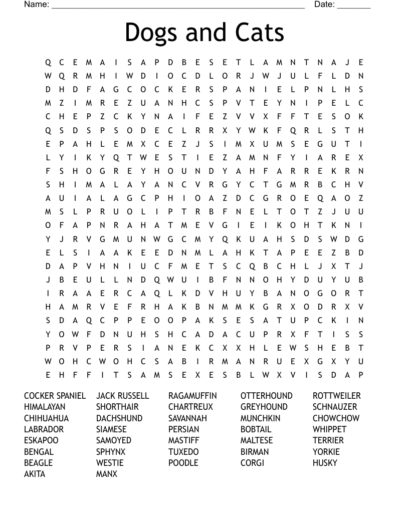 Dogs and Cats Word Search