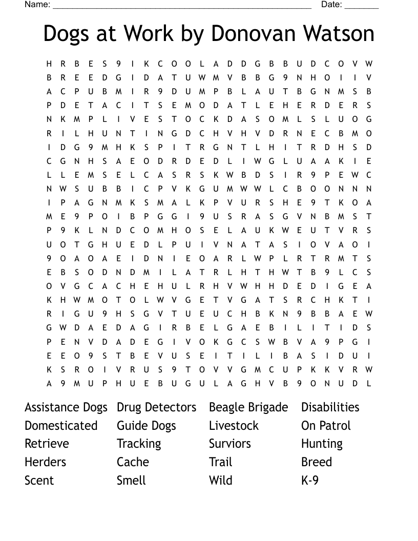 Dogs at Work by Donovan Watson Word Search