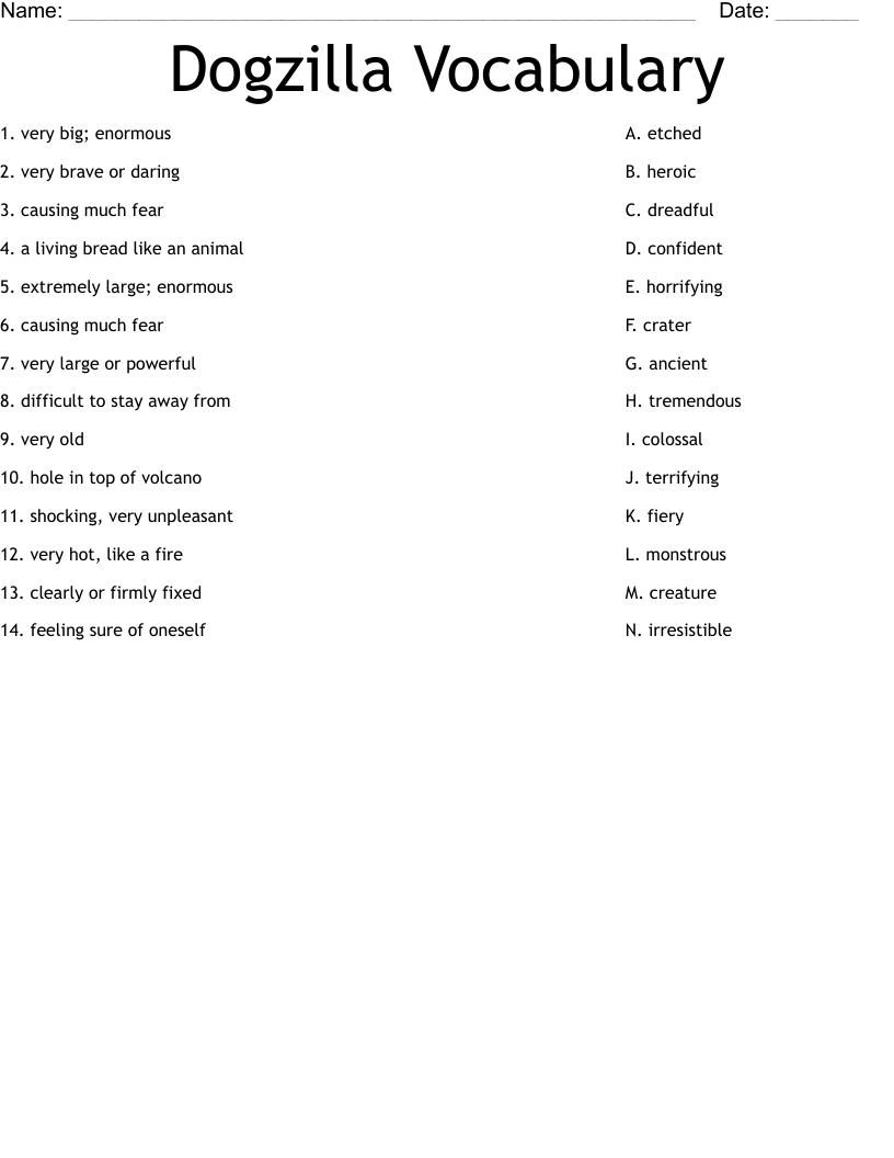 Dogzilla Vocabulary Worksheet