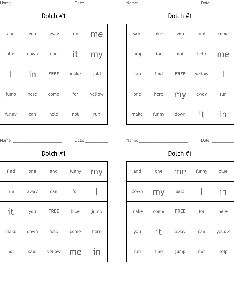 Dolch #1 Bingo Cards