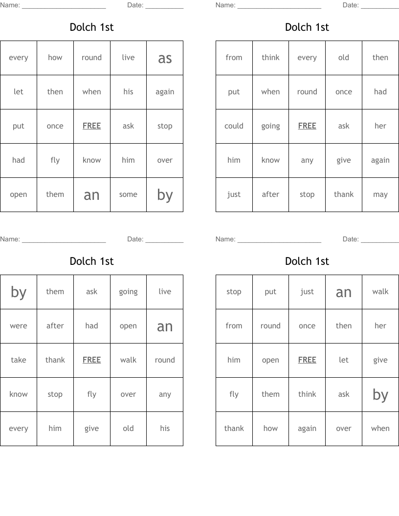 Dolch 1st Bingo Cards