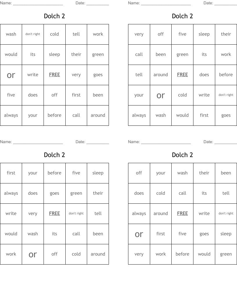 Dolch 2 Bingo Cards