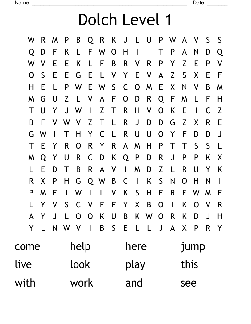 Dolch Level 1 Word Search