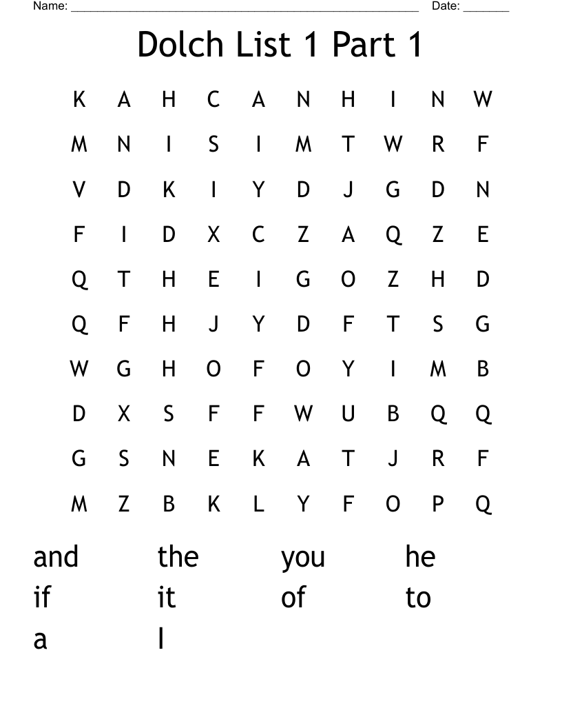 Dolch List 1 Part 1 Word Search