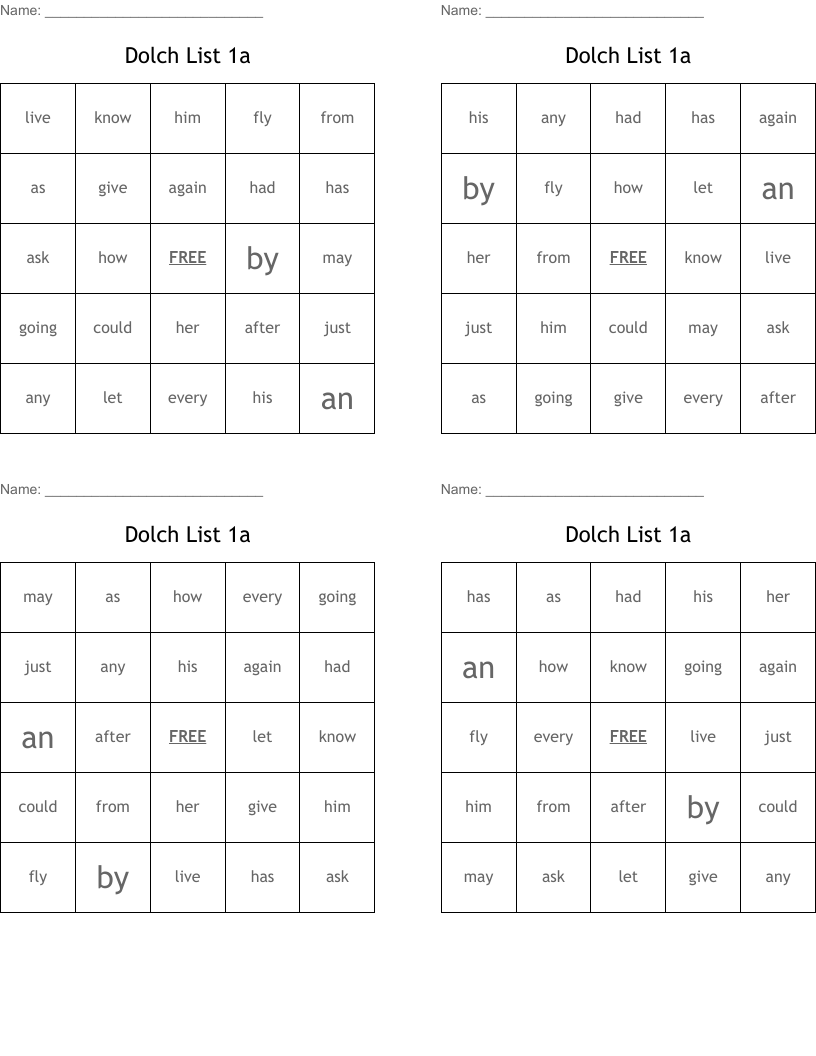 Dolch List 1a Bingo Cards