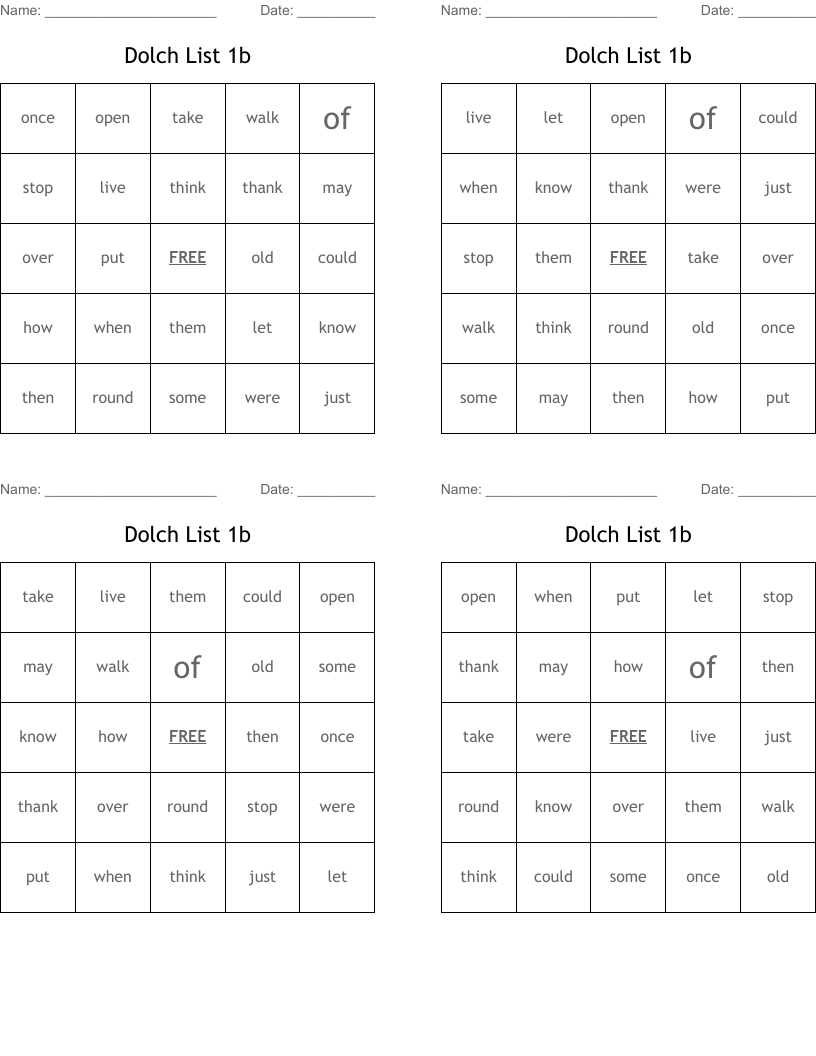Dolch List 1b Bingo Cards