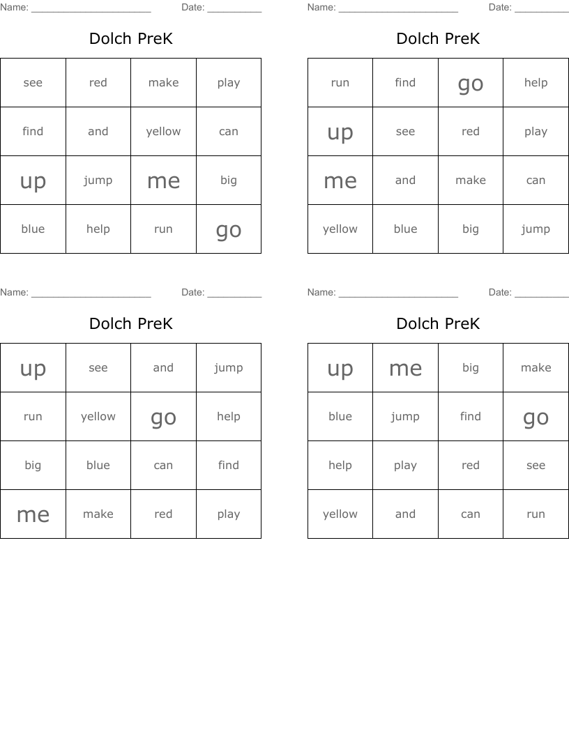 Dolch PreK Bingo Cards