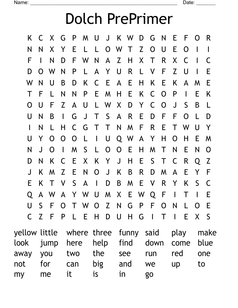 Dolch PrePrimer Word Search