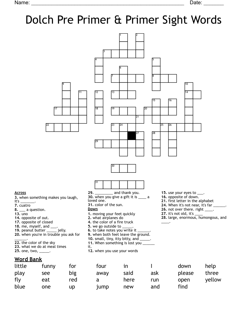 Dolch Pre Primer & Primer Sight Words Crossword