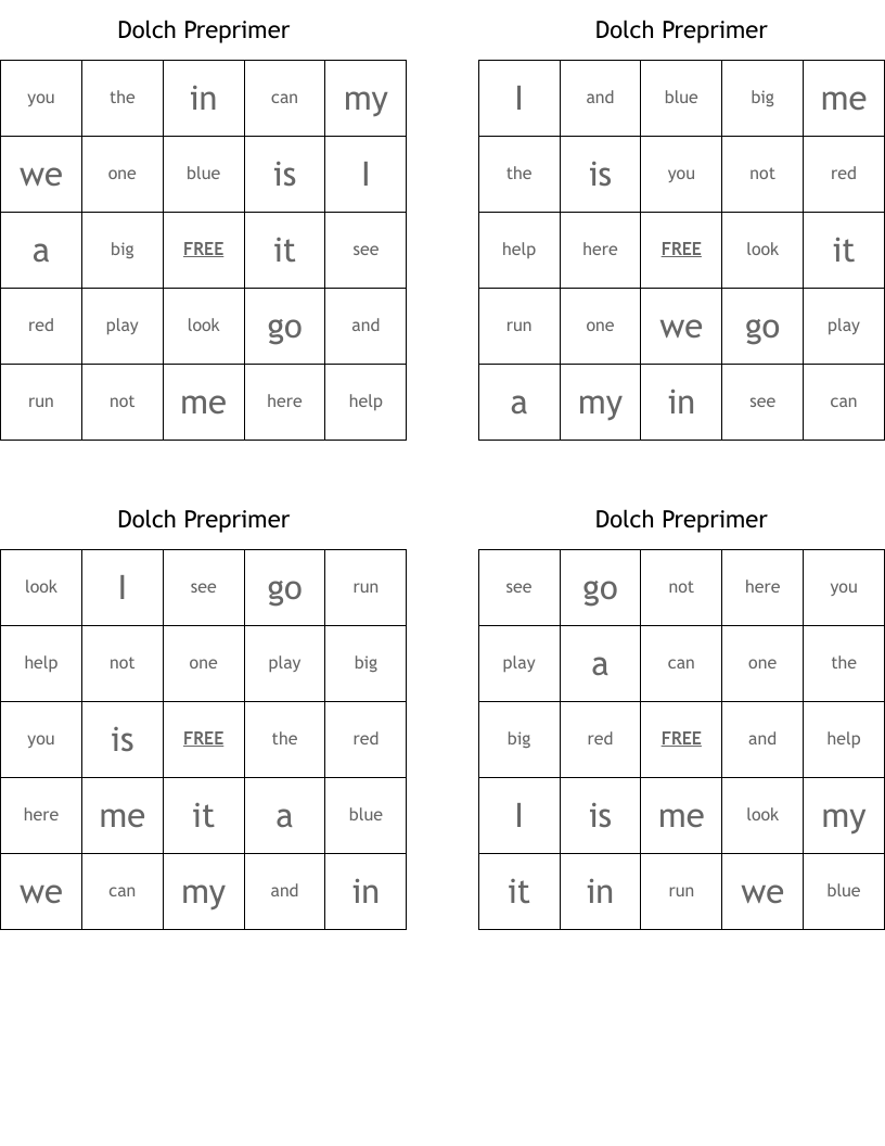 Dolch Preprimer Bingo Cards