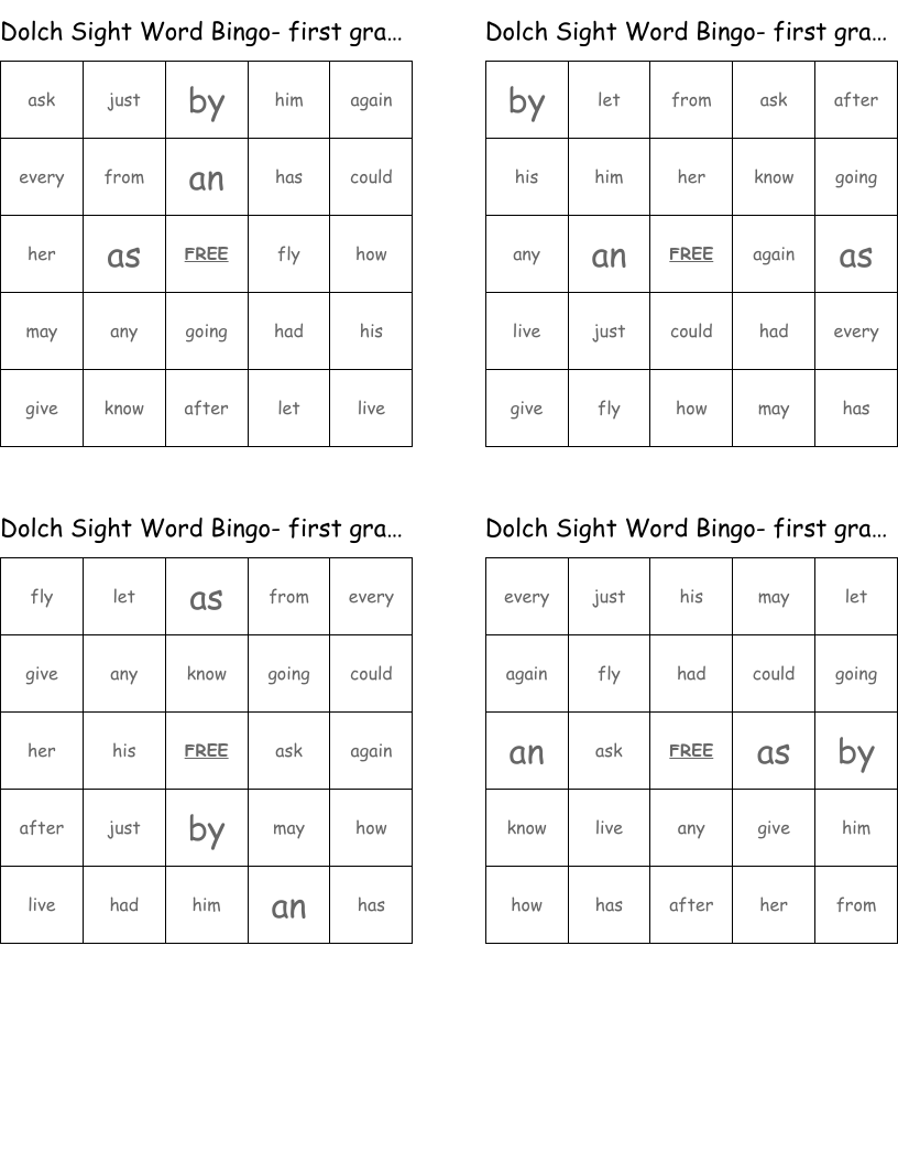 Dolch Sight Word Bingo- first grade